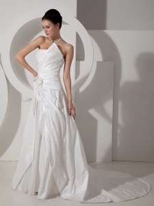 Modest A-line Strapless Court Train Satin Hand Made Flower Wedding Dress