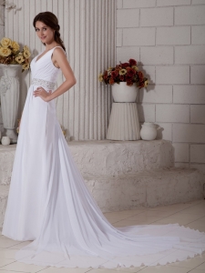 New Column V-neck Court Train Chiffon Ruch and Beading Wedding Dress