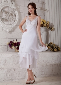 The Most Popular Column V-neck Tea-length Chiffon Embroidery Wedding Dress