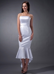 White Mermaid Straoless Tea-length Satin Ruch Wedding Dress