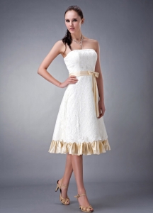 White and Champagne A-line / Princess Strapless Tea-length Lace Sash Wedding Dress