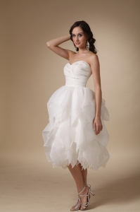 Unique A-line Sweetheart Tea-length Beading Taffeta and Organza Wedding Dress