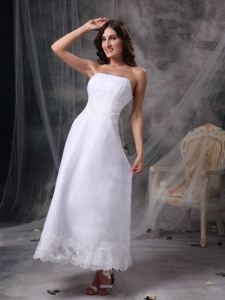 White Column Strapless Tea-length Satin Beading and Ruch Wedding Dress