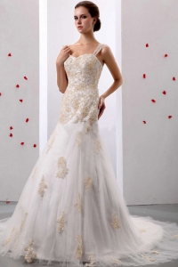 Custom Made A-line Straps Appliques Decorate Wedding Dress With Court Train In 2019