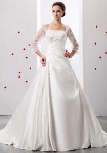2019 A-line Square So Beautiful Weding Dress With Ruch and Appliques Satin For Church