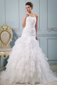 A-line Strapless Pretty Wedding Gowns Ruffled Layered With Ruched Bodice In 2019