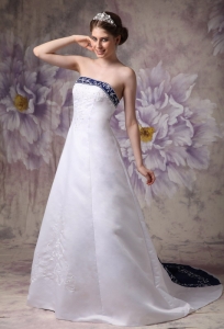 Beautiful A-line Strapless Chapel Train Satin Embroidery Wedding Dress
