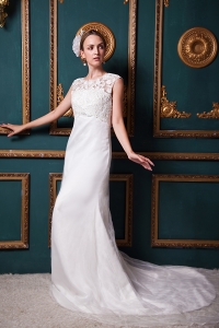 Beautiful Column Scoop Chapel Train Organza Lace Wedding Dress