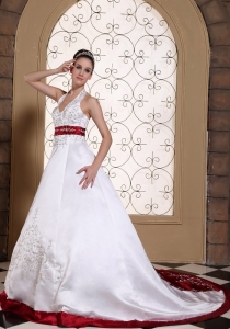 Halter Modest Wedding Dress Beautiful Embroidery On Satin