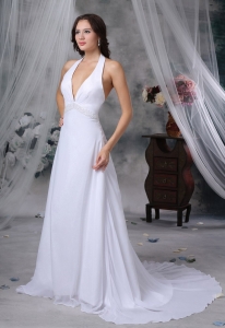 Halter Top Beaded Decorate Wasit Court Train Chiffon Sexy Style Wedding Dress For 2019