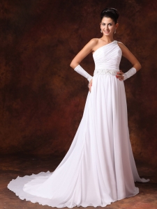 One Shoulder Empire Beaded Decorate Waist Chiffon Court Train Garden Wedding Dress For 2019
