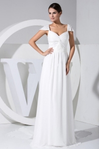 Elegant Beading Decorate Cap Sleeves V-neck White Chiffon Watteau Train 2019 Prom Dress