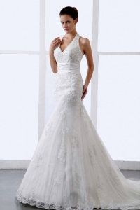 Halter Appliques Tulle Court Train Modern Wedding Dress