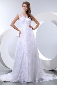 Luxurious A-line V-neck Court Train Taffeta and Lace Wedding Dress