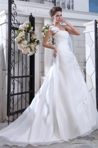 Pretty A-line One Shoulder Court Train Organza Ruch and Hand Made Flowers Wedding Dress