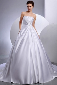 Strapless Ball Gown Hand Made Flowers Chapel Train Wedding Dress