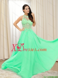 2021 Simple Bateau Long Prom Dress with Appliques and Brush Train