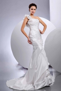 Mermaid / Trumpet One Shoulder Hand Made Flower Wedding Dress Custom Made