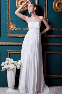 Simple Empire Strapless Brush Train Chiffon Beading and Pleat Wedding Dress