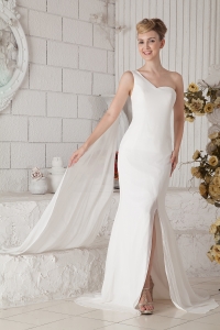 White Column One Shoulder Brush Train Chiffon Beading Wedding Dress