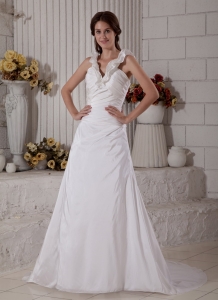 Brand New A-line V-neck Court Train Taffeta Ruch Wedding Dress