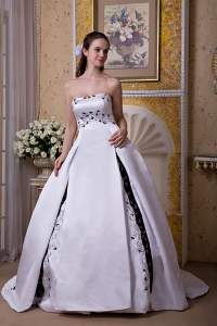 Elegant A-line Strapless Chapel Train Satin Embroidery Wedding Dress