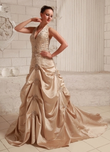 Halter Taffeta Champagne Appliques With Beading Custom Made Wedding Dress With Court Train