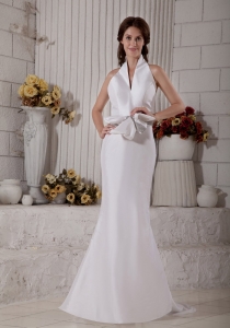 Simple Mermaid Halter Brush Train Satin Bow Wedding Dress