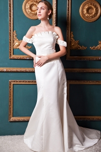 Beautiful A-line Off The Shoulder Court Train Satin Wedding Dress