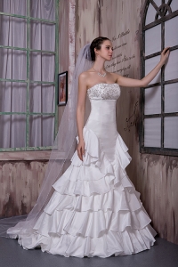 Modest A-line Strapless Brush Train Taffeta Appliques Ruffled Layers Wedding Dress