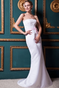 Modest Column Strapless Brush Train Taffeta Appliques Wedding Dress