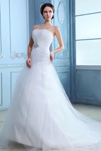 Pretty A-line Strapless Court Train Tulle Beading Wedding Dress
