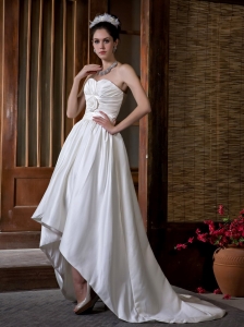 Unique A-line Sweetheart Court Train Taffeta Ruch Hand Made Flowers Wedding Dress