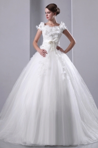 Beautiful Scoop Chapel Train Taffeta and Tulle Appliques and Hand Made Flowers Wedding Dress