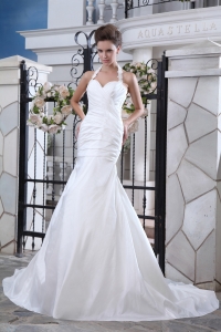 Best Mermaid Halter Court Train Taffeta Ruch Wedding Dress