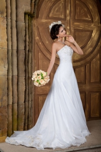 Customize A-line Strapless Court Train Organza Embroidery Wedding Dress