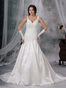 Exquisite A-Line / Princess Straps Court Train Taffeta Beading Wedding Dress