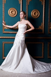 Modest A-line Strapless Court Train Satin Appliques Wedding Dress