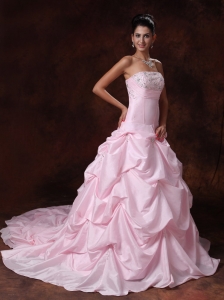 Pick-ups Pink Strapless A-Line Chapel Train Taffeta Customize 2019 New Styles Wedding Dress