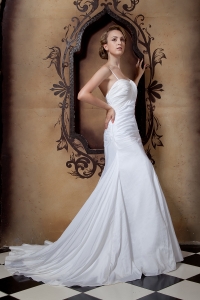 Simple A-line Spaghetti Straps Court Train Taffeta Ruch Wedding Dress