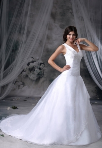 Appliques Decorate Bust Ball Gown Wedding Dress For 2019 Brush Train Organza and Satin