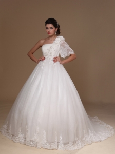Ball Gown One Shoulder Court Train One Sleeve Tulle Wedding Dress For Custom Made In 2019