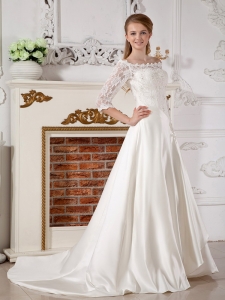 Brand New A-line Off The Shoulder Court Train Satin Lace Wedding Dress