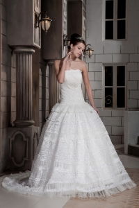 Customize A-line Strapless Brush Train Special Fabric Beading Wedding Dress