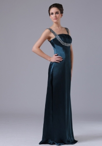 Beaded Decorate Shoulder Straps Taffeta Navy Blue Floor-length Prom Dress