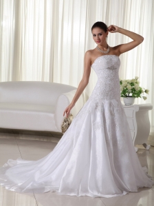 Lovely Strapless Court Train Satin and Organza Lace Wedding Dress