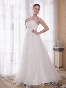 White A-Line / Princess Halter Brush Train Taffeta and Organza Rhinestones Wedding Dress