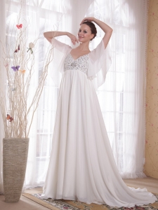 White A-Line / Princess V-neck Court Train Chiffon Beading Wedding Dress