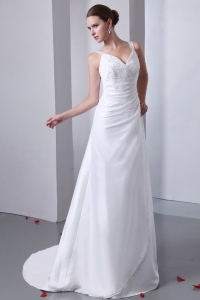 Elegant A-line Straps Court Train Satin Ruch and Beading Wedding Dress