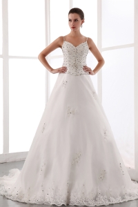 Gorgeous A-line Spaghetti Straps Chapel Train Satin and Lace Beading Wedding Dress